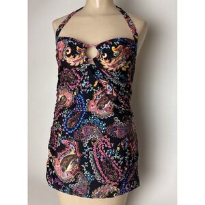 Kenneth Cole Swimwear Tankini Top only Womens XL Black Multi Paisley Halter